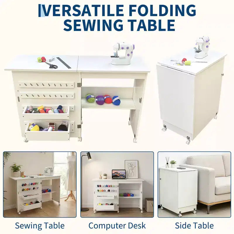 Table pliante pour machine à coudre avec roulettes verrouillables, étagères de rangement, tiroirs et loquets magnétiques