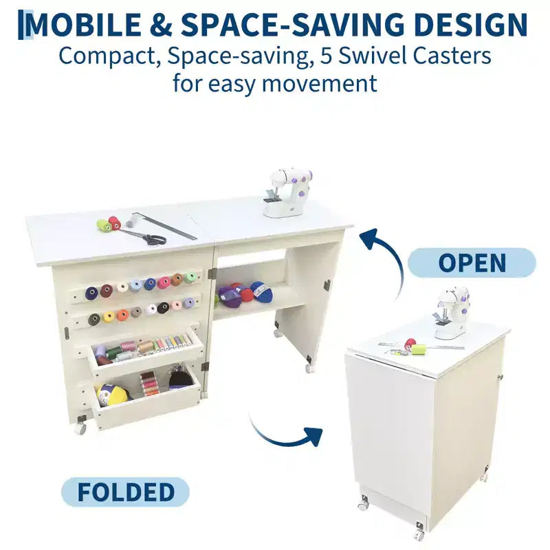 Table pliante pour machine à coudre avec roulettes verrouillables, étagères de rangement, tiroirs et loquets magnétiques