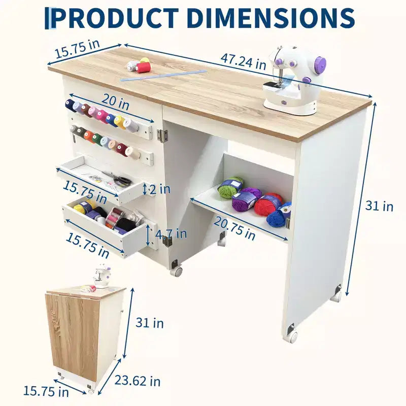 Table pliante pour machine à coudre avec roulettes verrouillables, étagères de rangement, tiroirs et loquets magnétiques
