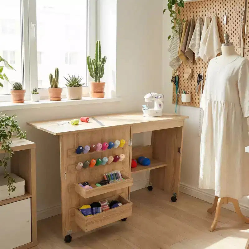 Table pliante pour machine à coudre avec roulettes verrouillables, étagères de rangement, tiroirs et loquets magnétiques