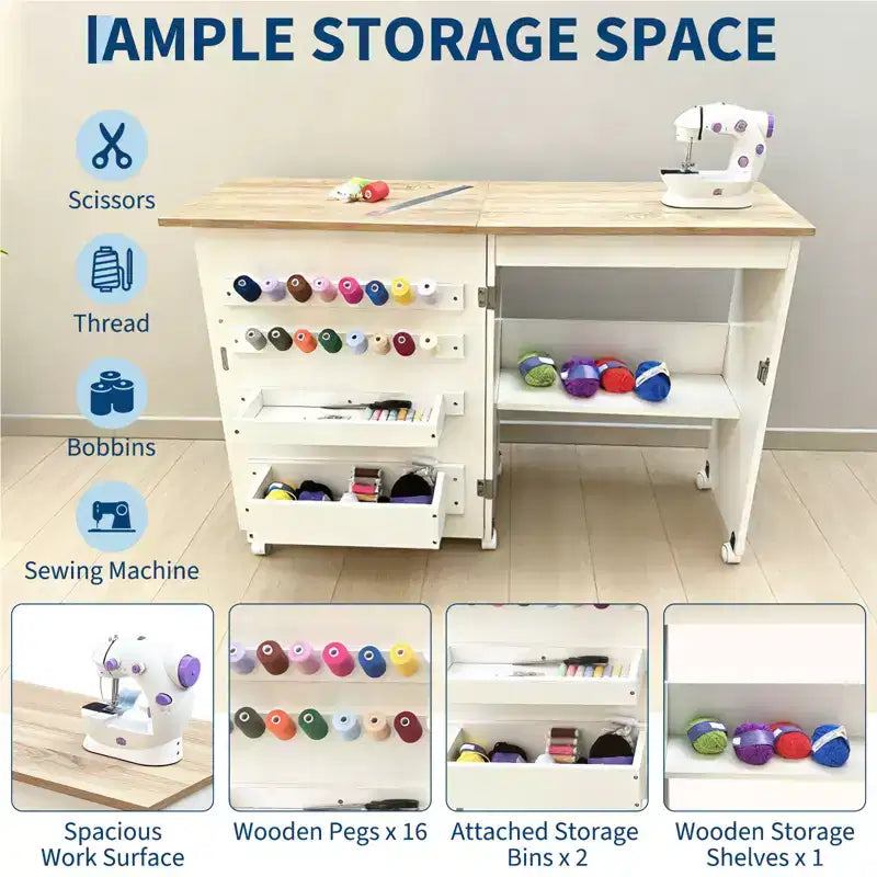 Table pliante pour machine à coudre avec roulettes verrouillables, étagères de rangement, tiroirs et loquets magnétiques