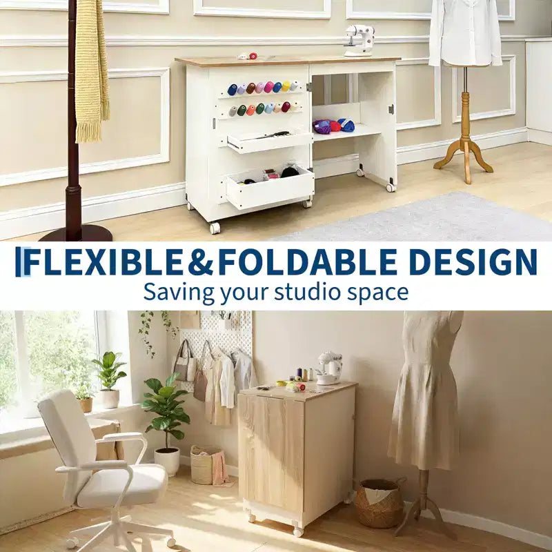 Table pliante pour machine à coudre avec roulettes verrouillables, étagères de rangement, tiroirs et loquets magnétiques