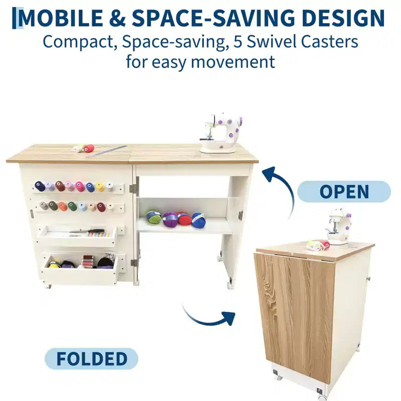 Table pliante pour machine à coudre avec roulettes verrouillables, étagères de rangement, tiroirs et loquets magnétiques
