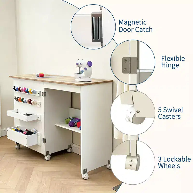 Table pliante pour machine à coudre avec roulettes verrouillables, étagères de rangement, tiroirs et loquets magnétiques