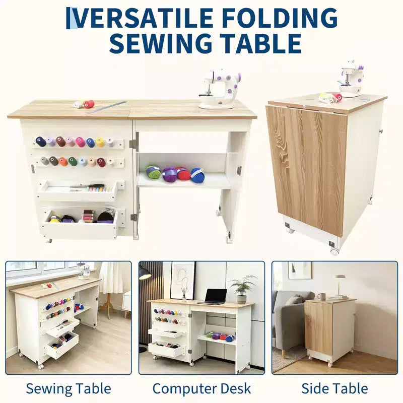 Table pliante pour machine à coudre avec roulettes verrouillables, étagères de rangement, tiroirs et loquets magnétiques