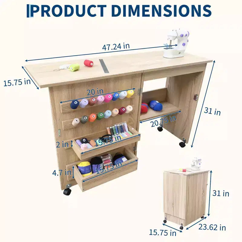 Table pliante pour machine à coudre avec roulettes verrouillables, étagères de rangement, tiroirs et loquets magnétiques