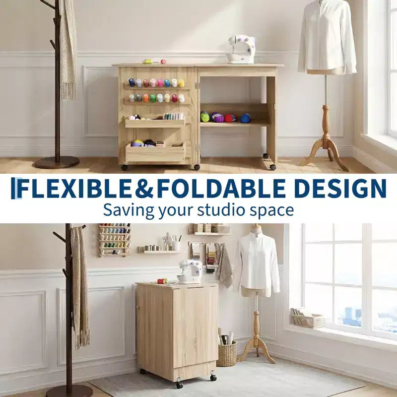 Table pliante pour machine à coudre avec roulettes verrouillables, étagères de rangement, tiroirs et loquets magnétiques