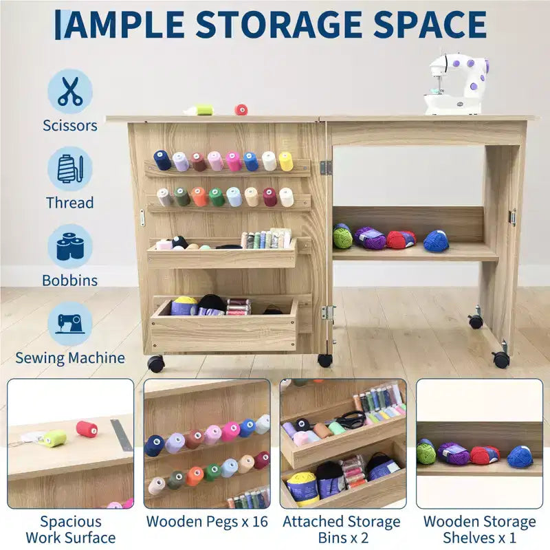 Table pliante pour machine à coudre avec roulettes verrouillables, étagères de rangement, tiroirs et loquets magnétiques