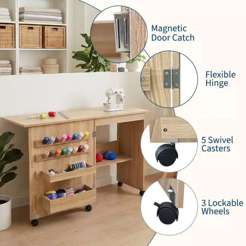 Table pliante pour machine à coudre avec roulettes verrouillables, étagères de rangement, tiroirs et loquets magnétiques
