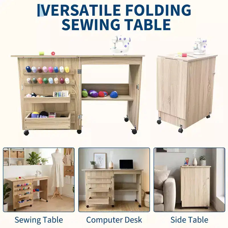 Table pliante pour machine à coudre avec roulettes verrouillables, étagères de rangement, tiroirs et loquets magnétiques