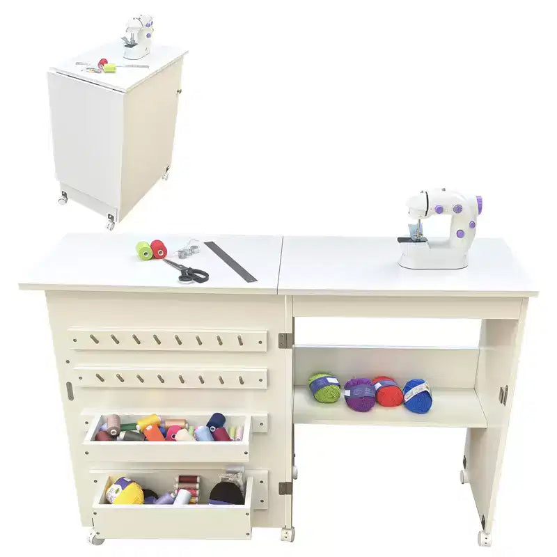 Table pliante pour machine à coudre avec roulettes verrouillables, étagères de rangement, tiroirs et loquets magnétiques