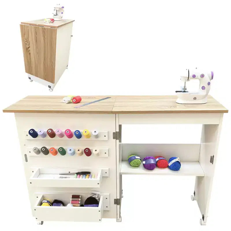 Table pliante pour machine à coudre avec roulettes verrouillables, étagères de rangement, tiroirs et loquets magnétiques