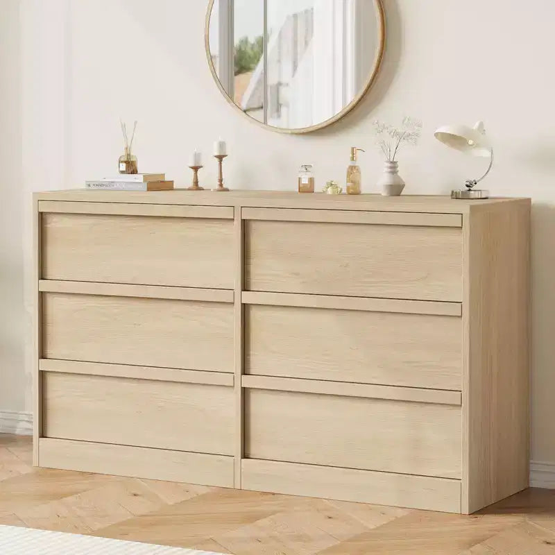 47in Wide 6-Drawer Dresser in Natural Oak  Spacious Wooden Chest for Bedroom, Nursery & Entryway
