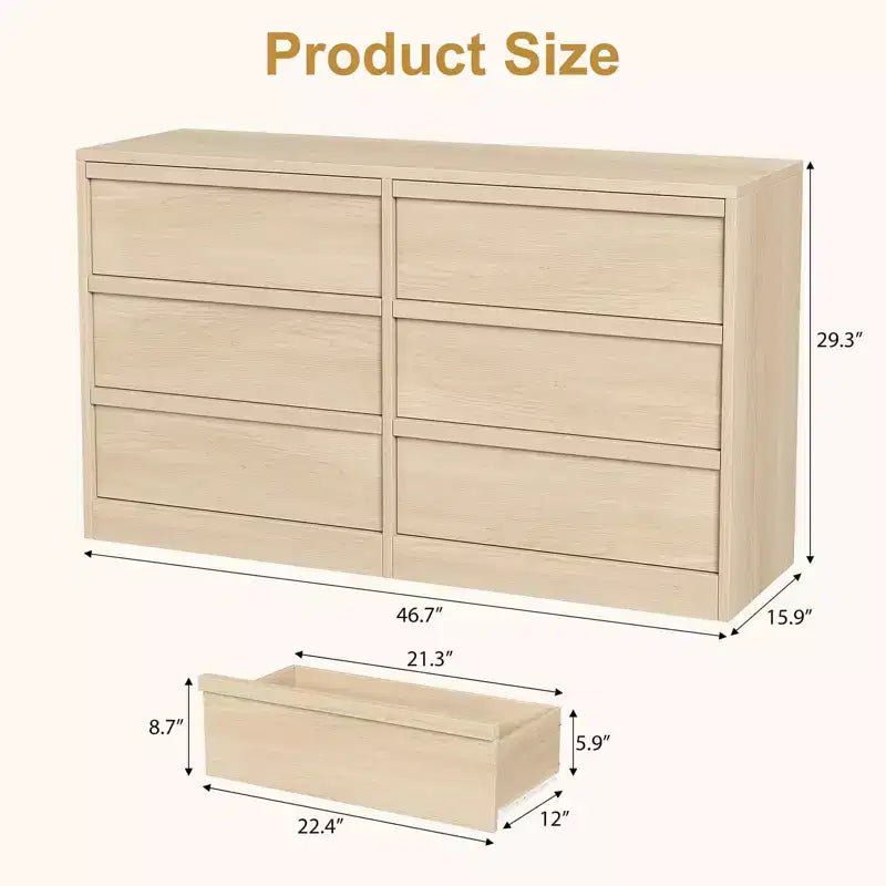 Commode 6 tiroirs de 119 cm de large en chêne naturel – Meuble de rangement en bois pour chambre, chambre d'enfant et entrée