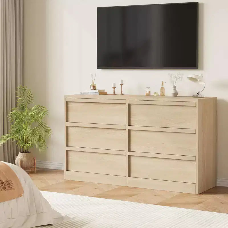 Commode 6 tiroirs de 119 cm de large en chêne naturel – Meuble de rangement en bois pour chambre, chambre d'enfant et entrée