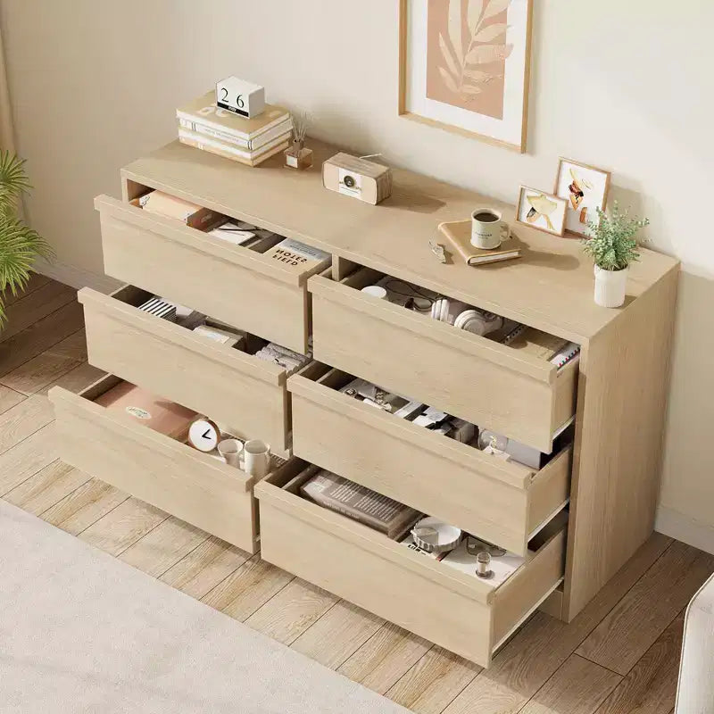 Commode 6 tiroirs de 119 cm de large en chêne naturel – Meuble de rangement en bois pour chambre, chambre d'enfant et entrée
