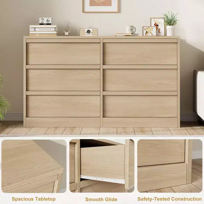 Commode 6 tiroirs de 119 cm de large en chêne naturel – Meuble de rangement en bois pour chambre, chambre d'enfant et entrée