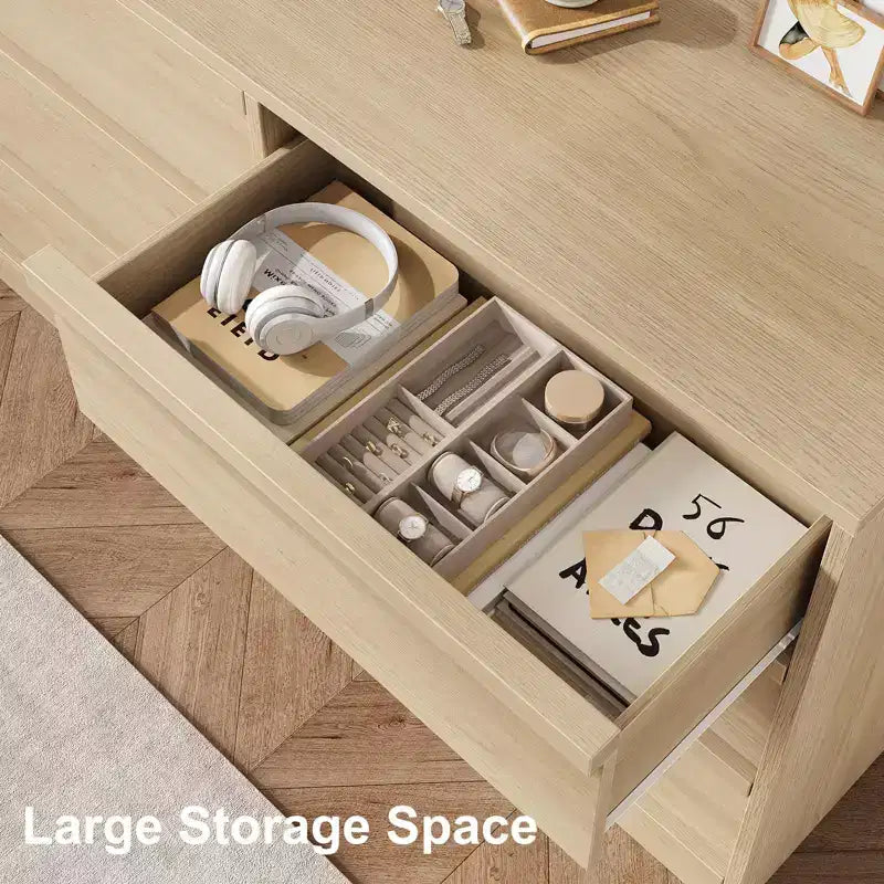 Commode 6 tiroirs de 119 cm de large en chêne naturel – Meuble de rangement en bois pour chambre, chambre d'enfant et entrée