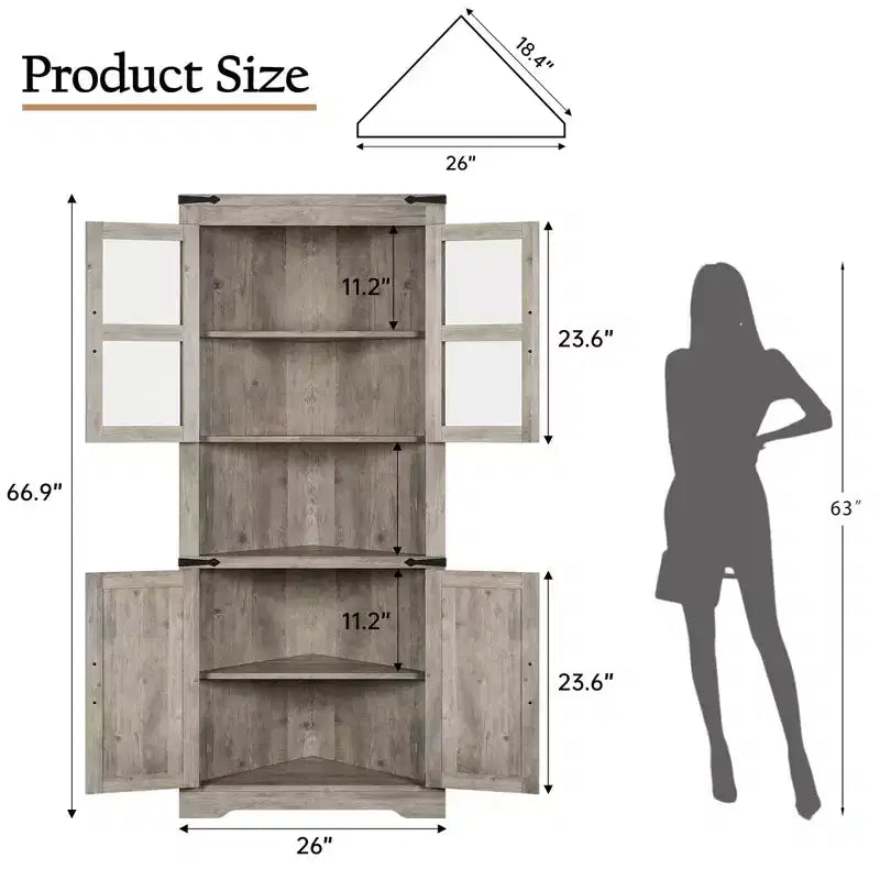 Meuble de rangement d'angle de ferme éclairé, organiseur de 170 cm de haut avec étagères réglables, porte en verre, pour salon, cuisine, salle de bain, entrée