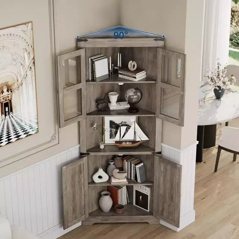 Meuble de rangement d'angle de ferme éclairé, organiseur de 170 cm de haut avec étagères réglables, porte en verre, pour salon, cuisine, salle de bain, entrée
