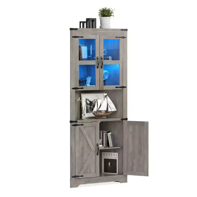 Meuble de rangement d'angle de ferme éclairé, organiseur de 170 cm de haut avec étagères réglables, porte en verre, pour salon, cuisine, salle de bain, entrée