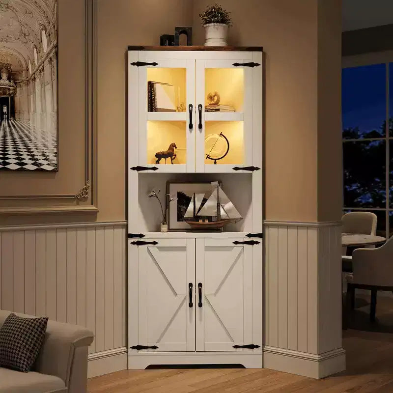 Meuble de rangement d'angle de ferme éclairé, organiseur de 170 cm de haut avec étagères réglables, porte en verre, pour salon, cuisine, salle de bain, entrée