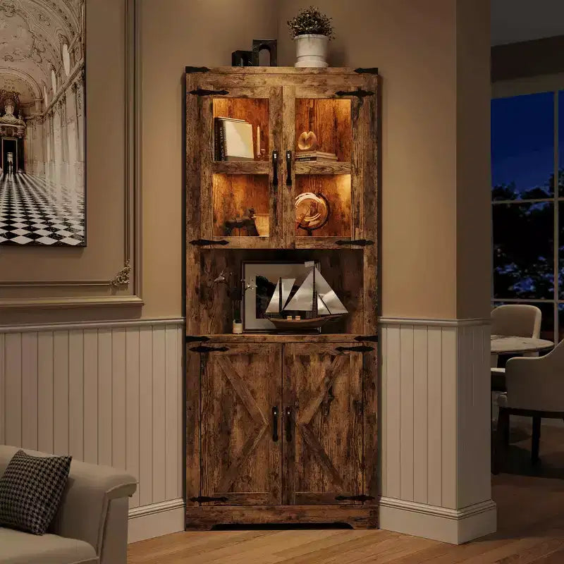 Meuble de rangement d'angle de ferme éclairé, organiseur de 170 cm de haut avec étagères réglables, porte en verre, pour salon, cuisine, salle de bain, entrée