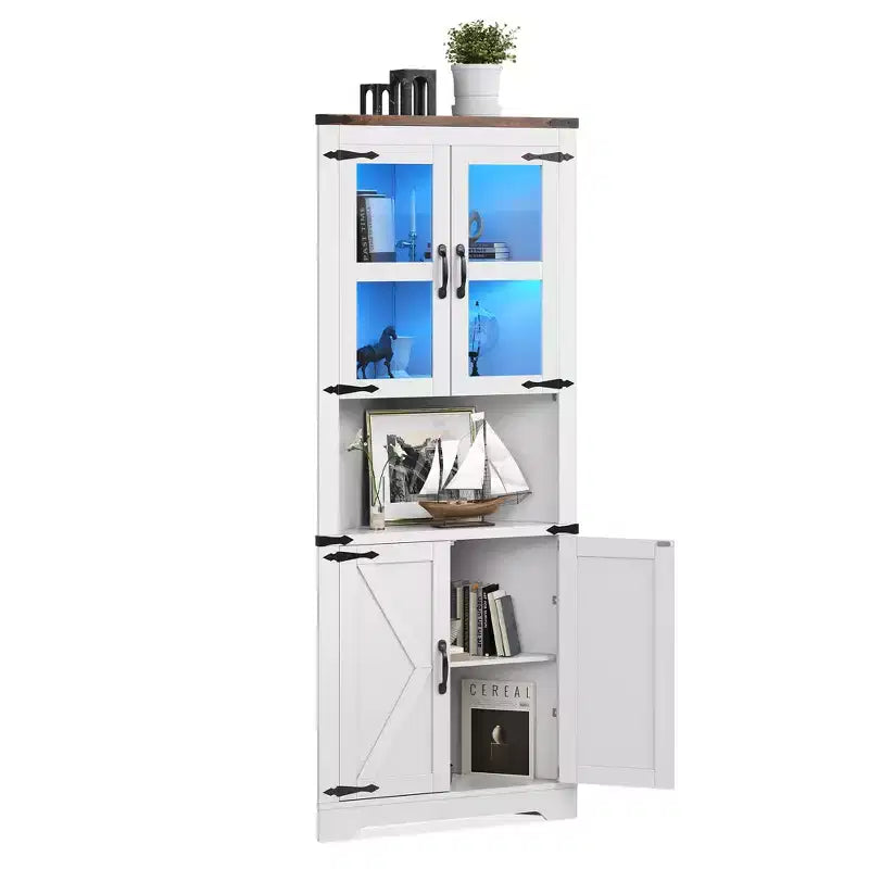 Meuble de rangement d'angle de ferme éclairé, organiseur de 170 cm de haut avec étagères réglables, porte en verre, pour salon, cuisine, salle de bain, entrée