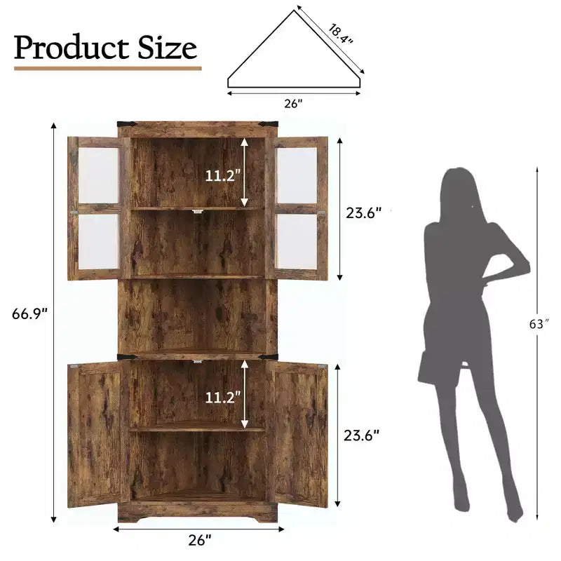 Meuble de rangement d'angle de ferme éclairé, organiseur de 170 cm de haut avec étagères réglables, porte en verre, pour salon, cuisine, salle de bain, entrée
