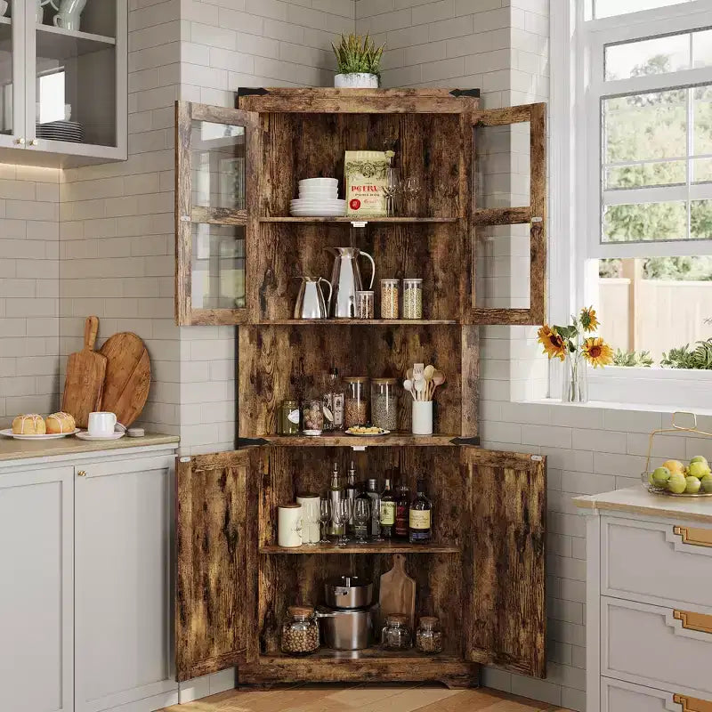 Meuble de rangement d'angle de ferme éclairé, organiseur de 170 cm de haut avec étagères réglables, porte en verre, pour salon, cuisine, salle de bain, entrée