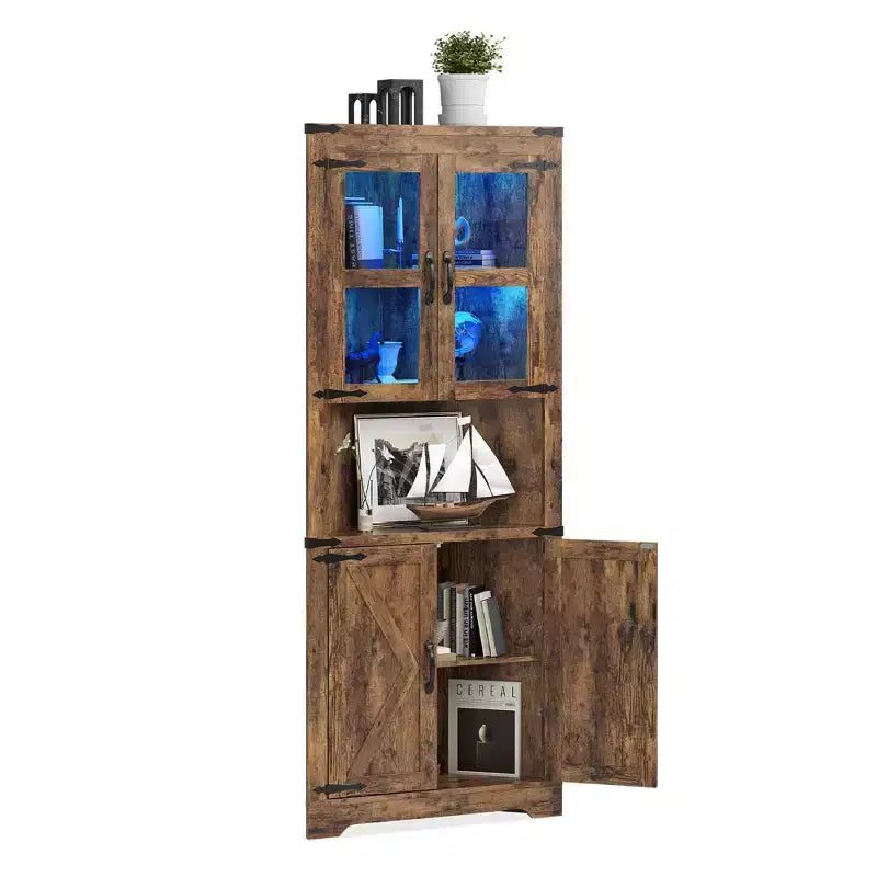 Meuble de rangement d'angle de ferme éclairé, organiseur de 170 cm de haut avec étagères réglables, porte en verre, pour salon, cuisine, salle de bain, entrée