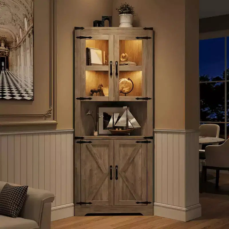Meuble de rangement d'angle de ferme éclairé, organiseur de 170 cm de haut avec étagères réglables, porte en verre, pour salon, cuisine, salle de bain, entrée
