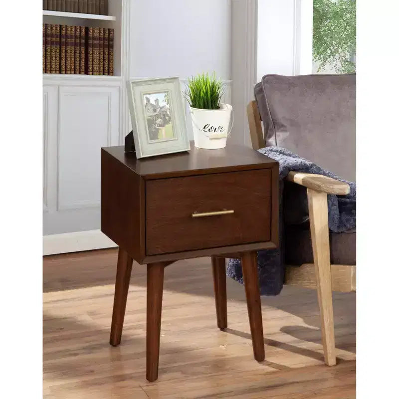 Table d'appoint noyer Mid-Century Modern avec tiroir de rangement et pieds fuselés – Acajou et placage