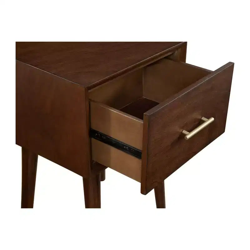 Table d'appoint noyer Mid-Century Modern avec tiroir de rangement et pieds fuselés – Acajou et placage