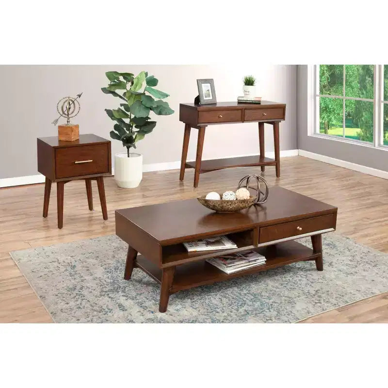 Table d'appoint noyer Mid-Century Modern avec tiroir de rangement et pieds fuselés – Acajou et placage