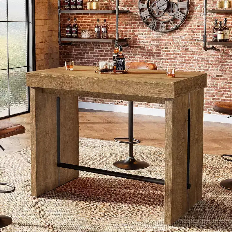 Table de bar hauteur comptoir de 41,3 pouces avec repose-pieds en métal – Table de pub marron rustique pour cuisine et salle à manger