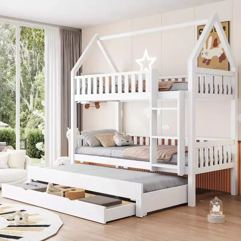 Whisen Twin over Twin House Bunk Bed Bed Frame with Fence, Trundle and Three Storage Drawers - White