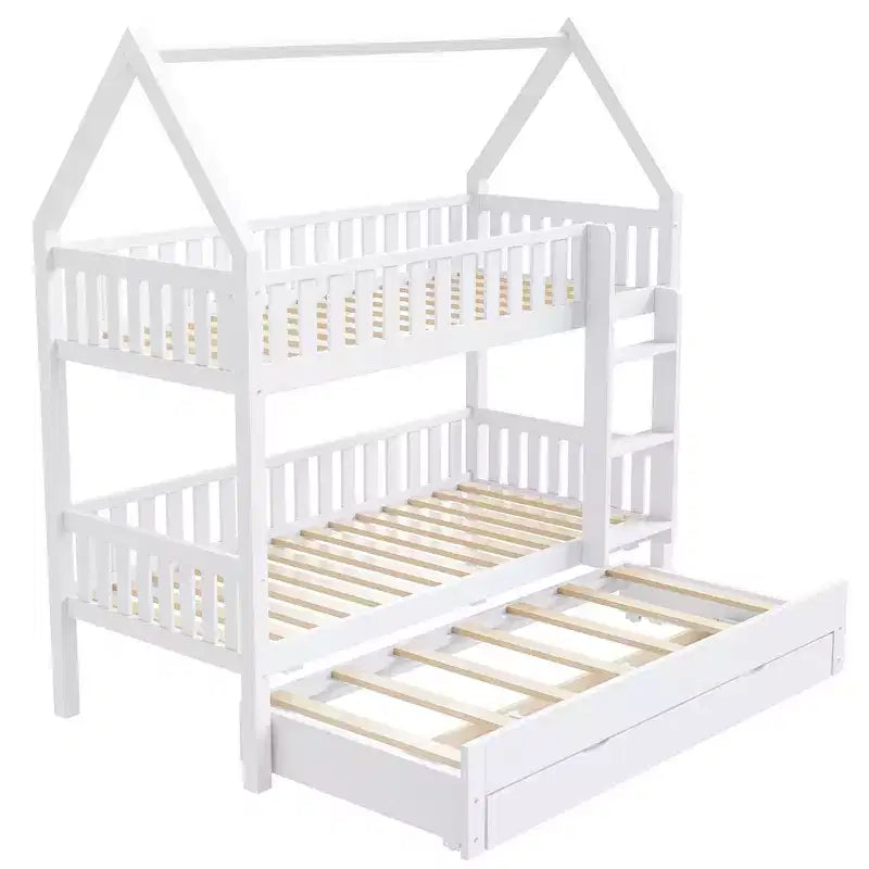 Lit superposé cabane jumeau sur jumeau avec clôture, lit gigogne et 3 tiroirs de rangement – Blanc