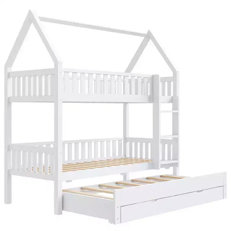 Lit superposé cabane jumeau sur jumeau avec clôture, lit gigogne et 3 tiroirs de rangement – Blanc