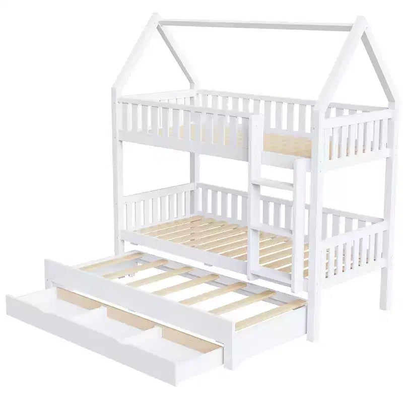 Lit superposé cabane jumeau sur jumeau avec clôture, lit gigogne et 3 tiroirs de rangement – Blanc