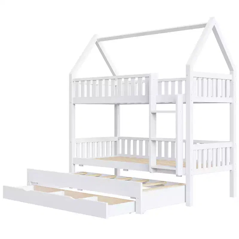 Lit superposé cabane jumeau sur jumeau avec clôture, lit gigogne et 3 tiroirs de rangement – Blanc