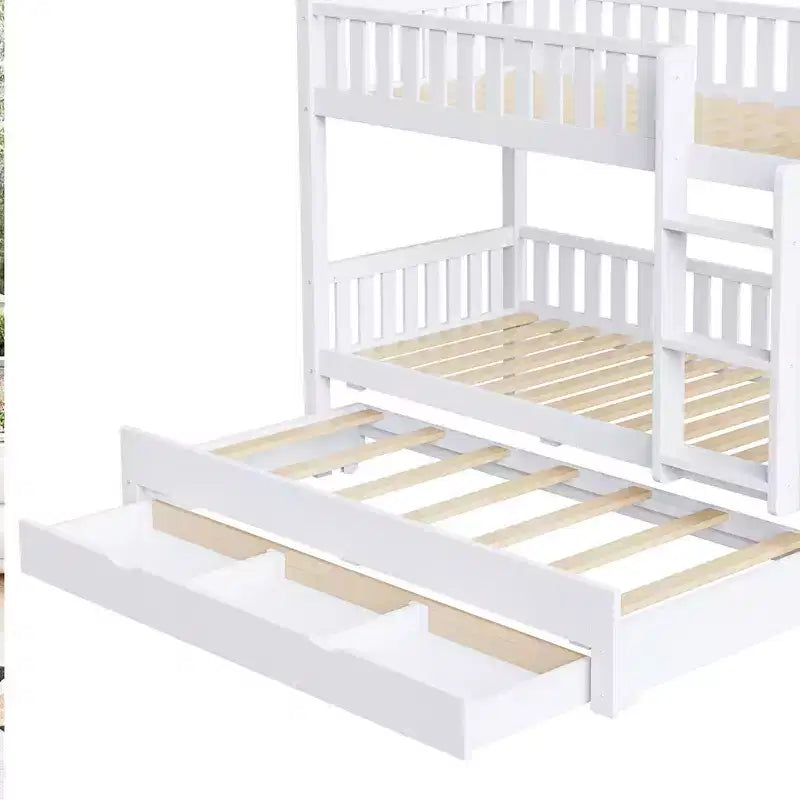Lit superposé cabane jumeau sur jumeau avec clôture, lit gigogne et 3 tiroirs de rangement – Blanc