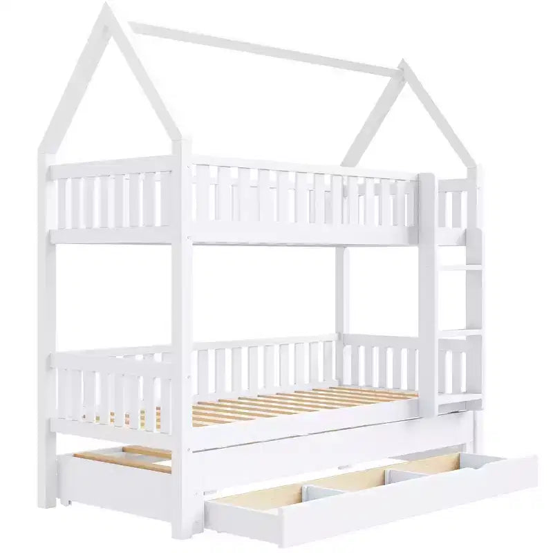 Lit superposé cabane jumeau sur jumeau avec clôture, lit gigogne et 3 tiroirs de rangement – Blanc