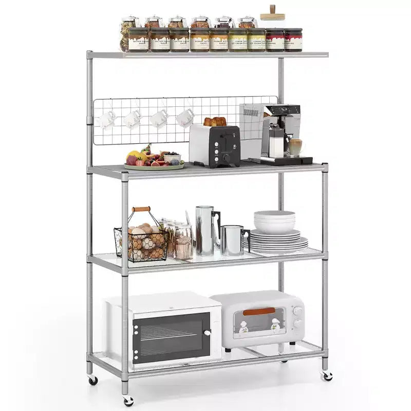 Costway 4-Tier Coffee Bar Table w/Adjustable Shelves S Hooks Hanging Net & Shelf Liner