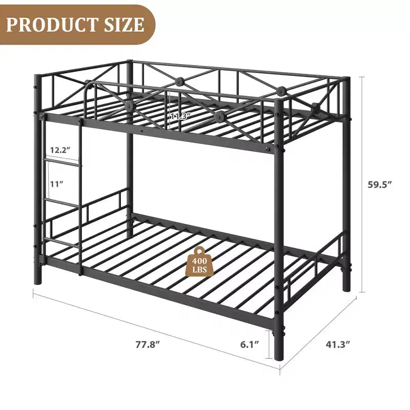 Lit superposé en métal robuste double sur double - Design industriel type loft - Barrières de sécurité - Cadre en acier peu encombrant pour chambre d'enfant