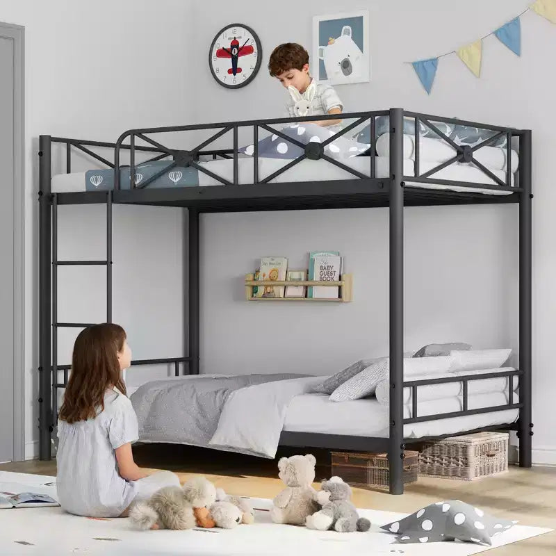 Lit superposé en métal robuste double sur double - Design industriel type loft - Barrières de sécurité - Cadre en acier peu encombrant pour chambre d'enfant