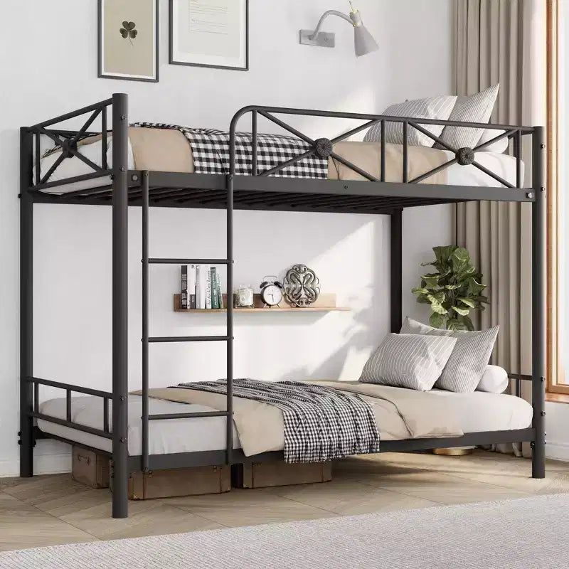 Lit superposé en métal robuste double sur double - Design industriel type loft - Barrières de sécurité - Cadre en acier peu encombrant pour chambre d'enfant