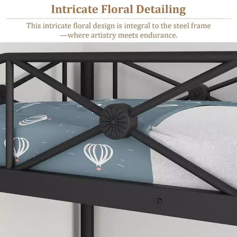 Lit superposé en métal robuste double sur double - Design industriel type loft - Barrières de sécurité - Cadre en acier peu encombrant pour chambre d'enfant