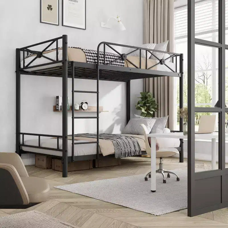 Lit superposé en métal robuste double sur double - Design industriel type loft - Barrières de sécurité - Cadre en acier peu encombrant pour chambre d'enfant