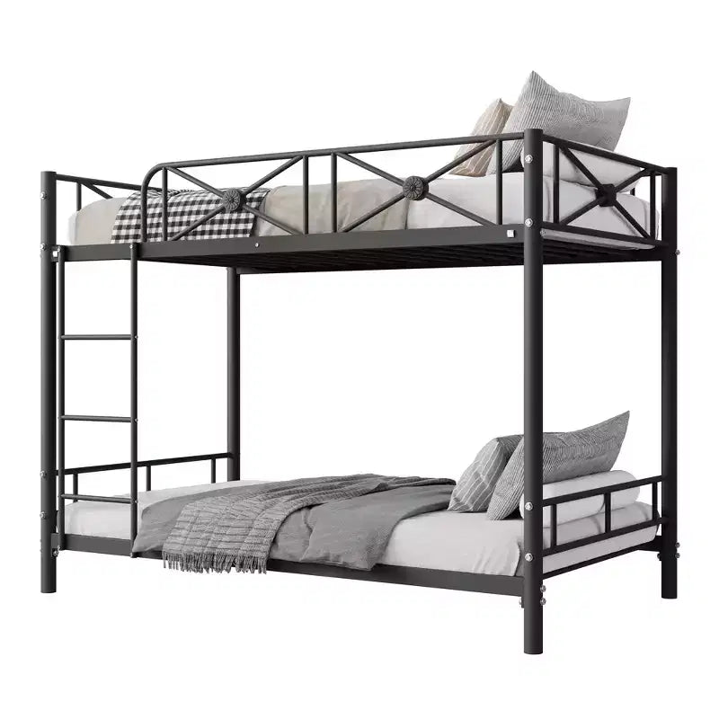 Lit superposé en métal robuste double sur double - Design industriel type loft - Barrières de sécurité - Cadre en acier peu encombrant pour chambre d'enfant